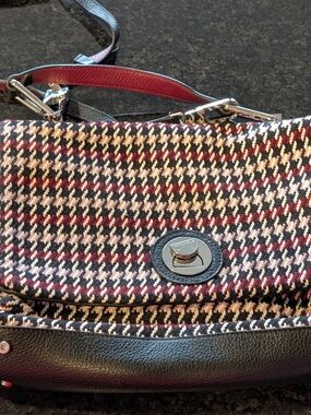 Houndstooth Pattern Shoulder Bag with Black Leather Trim